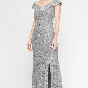 Alex Evenings Off-the-Shoulder Corded Lace Long Gown with Sequin Detail
